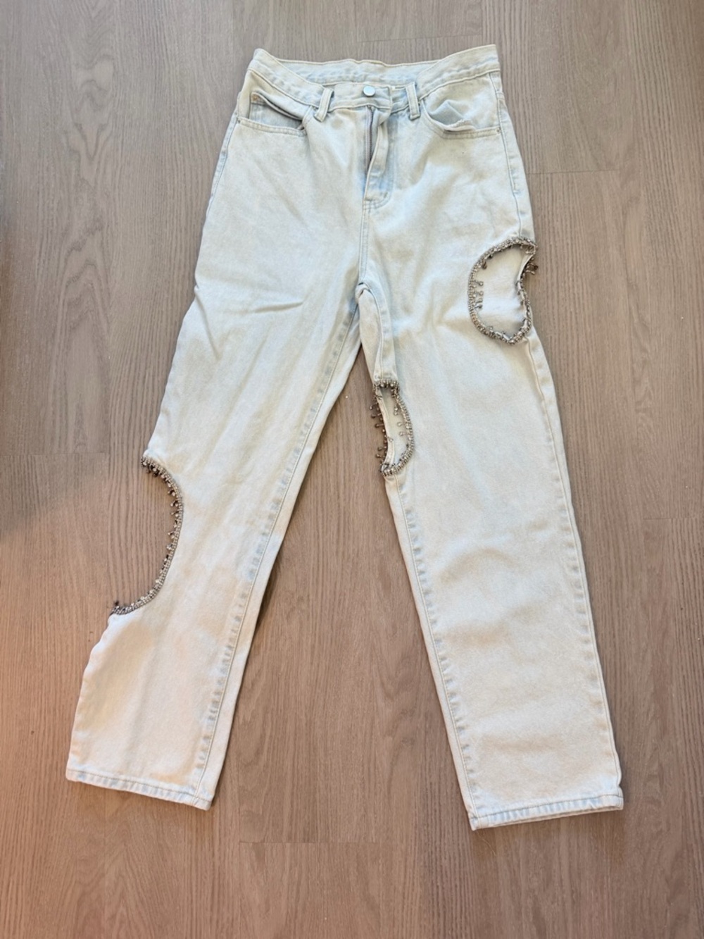 Light Wash Straight Leg Jeans with Beaded Cutouts - Women